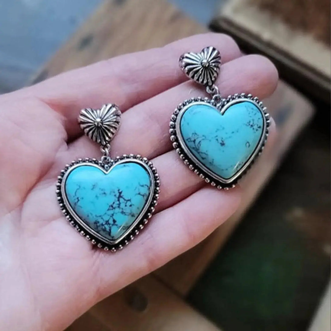 Lovcia Artificial Turquoise Alloy Heart Dangle Earrings-Earrings-Turquoise-One Size-Turquoise