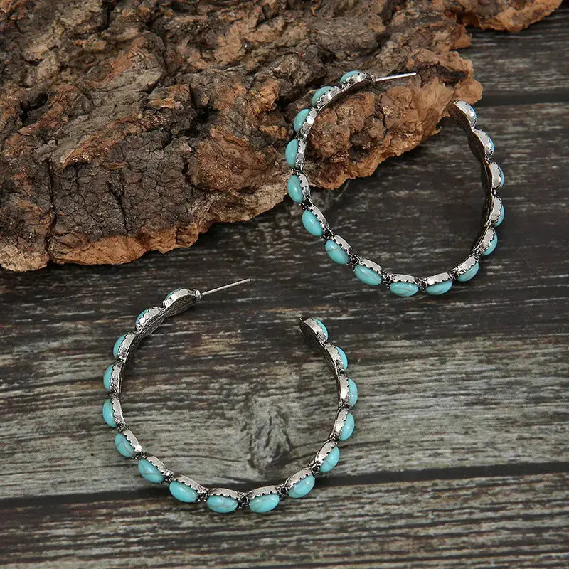 Lovcia Artificial Turquoise C-Hoop Earrings-Earrings-Black-One Size-Black