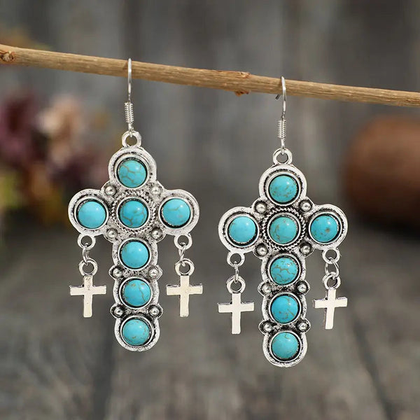 Lovcia Artificial Turquoise Cross Shape Earrings-Earrings-Teal-One Size-Teal