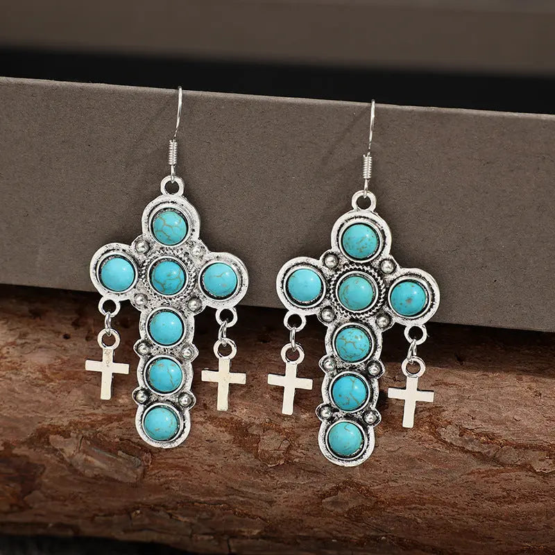 Lovcia Artificial Turquoise Cross Shape Earrings-Earrings-Teal-One Size-Teal