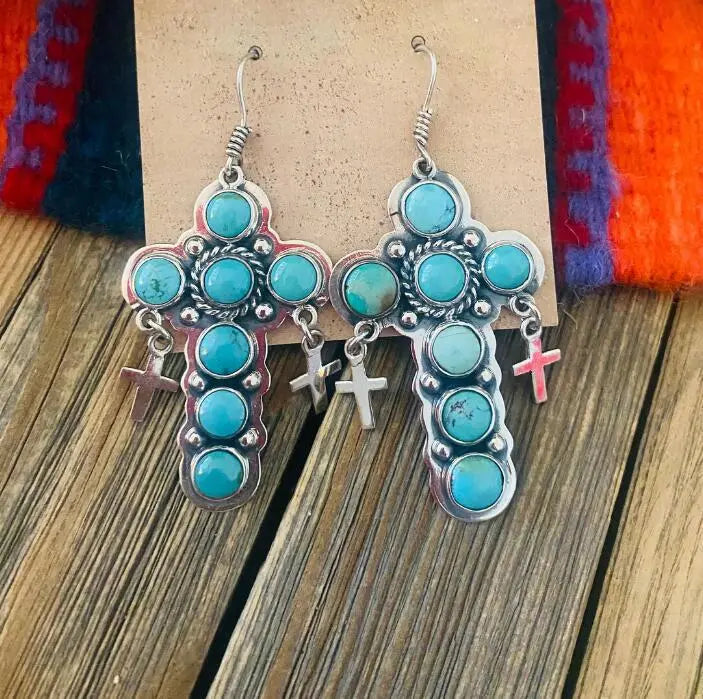 Lovcia Artificial Turquoise Cross Shape Earrings-Earrings-Teal-One Size-Teal