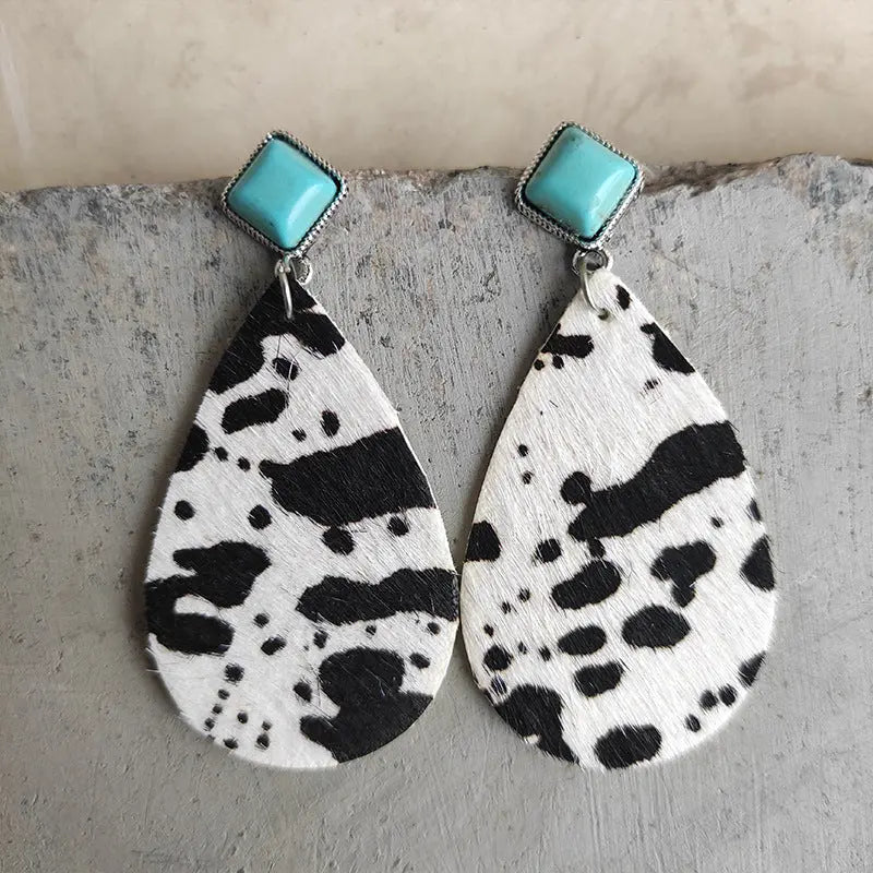 Lovcia Artificial Turquoise Teardrop Earrings-Earrings-Cow Print-One Size-Cow Print
