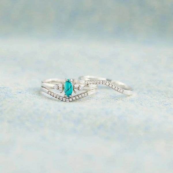 Lovcia Artificial Turquoise V Shape Inlaid Zircon Ring-Rings-Silver-5-Silver
