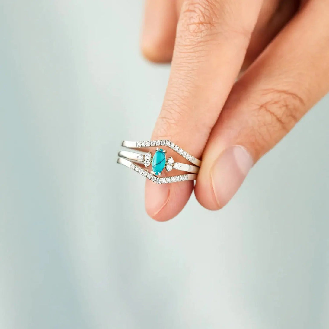 Lovcia Artificial Turquoise V Shape Inlaid Zircon Ring-Rings-Silver-5-Silver