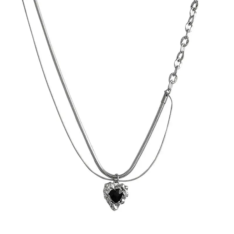 Lovcia Asymmetric Black Heart Necklace for Women - Titanium Steel Dual Chain Pendant Trendy Necklace-Necklaces-Black-Black