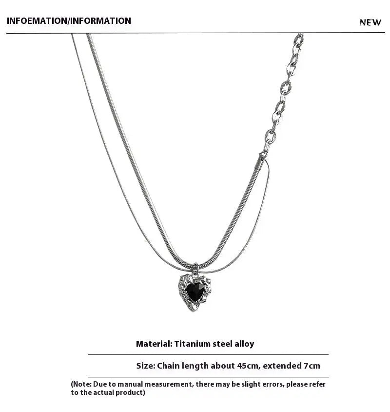 Lovcia Asymmetric Black Heart Necklace for Women - Titanium Steel Dual Chain Pendant Trendy Necklace-Necklaces-Black-Black