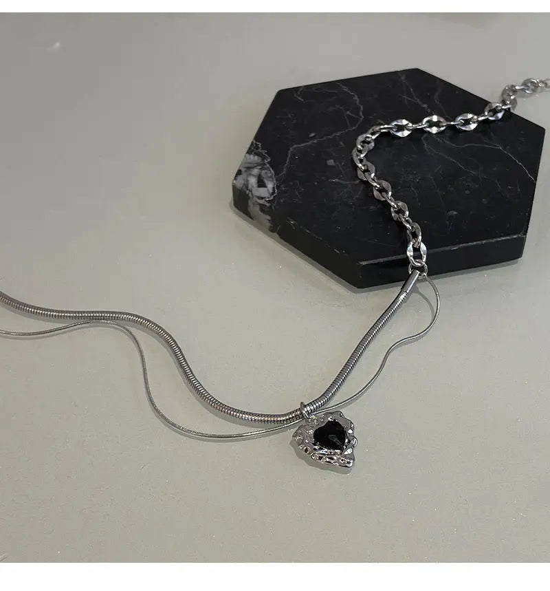 Lovcia Asymmetric Black Heart Necklace for Women - Titanium Steel Dual Chain Pendant Trendy Necklace-Necklaces-Black-Black