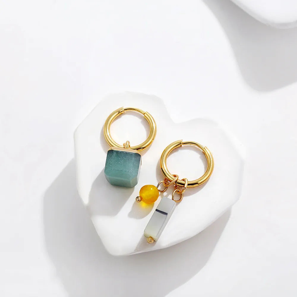 Lovcia Asymmetric Retro Style Geometric Natural Stone Hoop Earrings for Women-Earrings-Blue-Blue