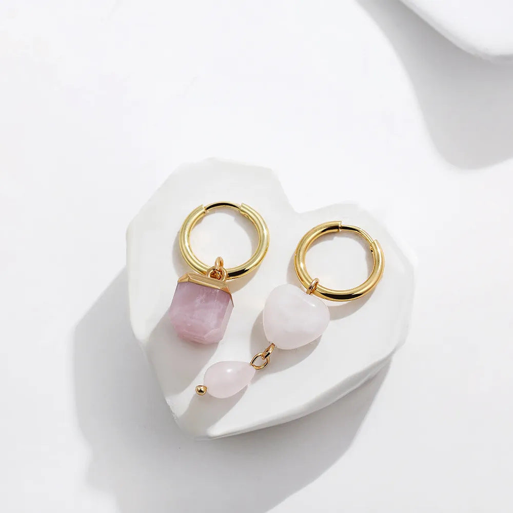 Lovcia Asymmetric Retro Style Geometric Natural Stone Hoop Earrings for Women-Earrings-Pink-Pink