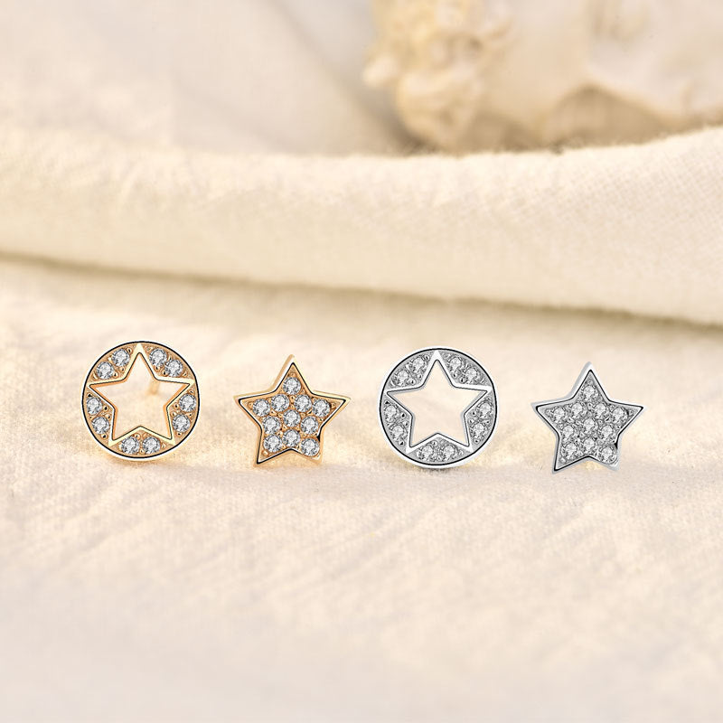 Lovcia Asymmetric Sterling Silver Star Stud Earrings for Women with Cubic Zirconia-Earrings-Silver-Silver
