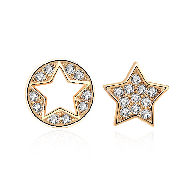 Lovcia Asymmetric Sterling Silver Star Stud Earrings for Women with Cubic Zirconia-Earrings-Yellow Gold-Yellow Gold