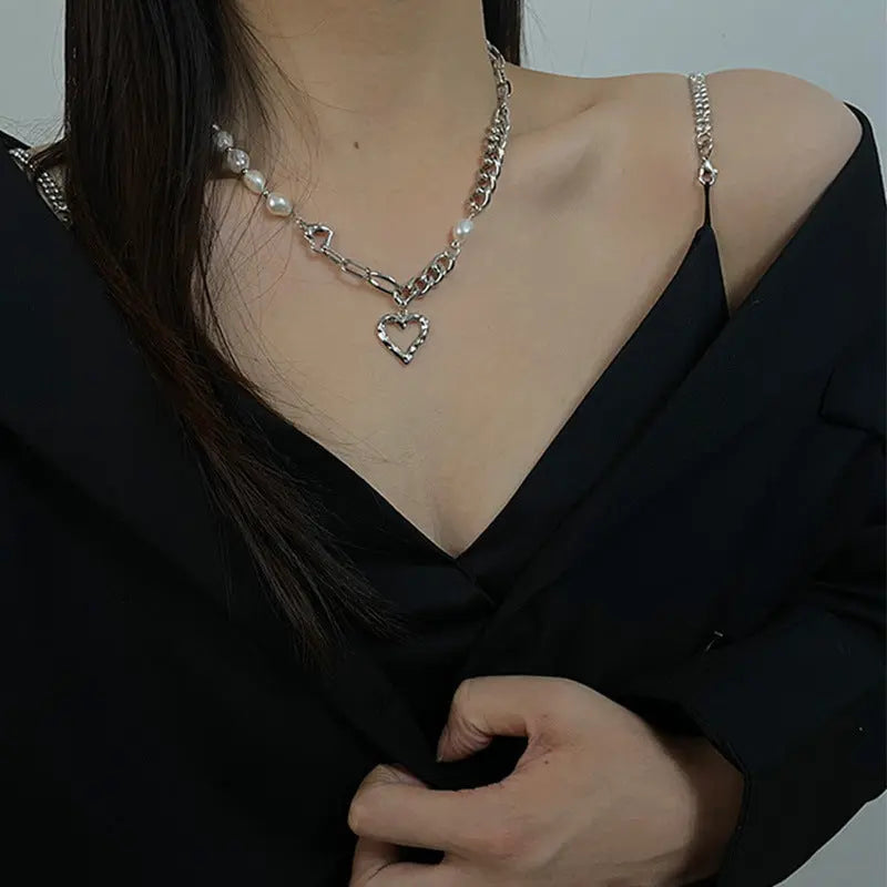 Lovcia Asymmetric Titanium Steel Heart Pendant Necklace for Women - Gold Plated Chain Necklace with Pearl Beads-Necklaces-Gold-Gold