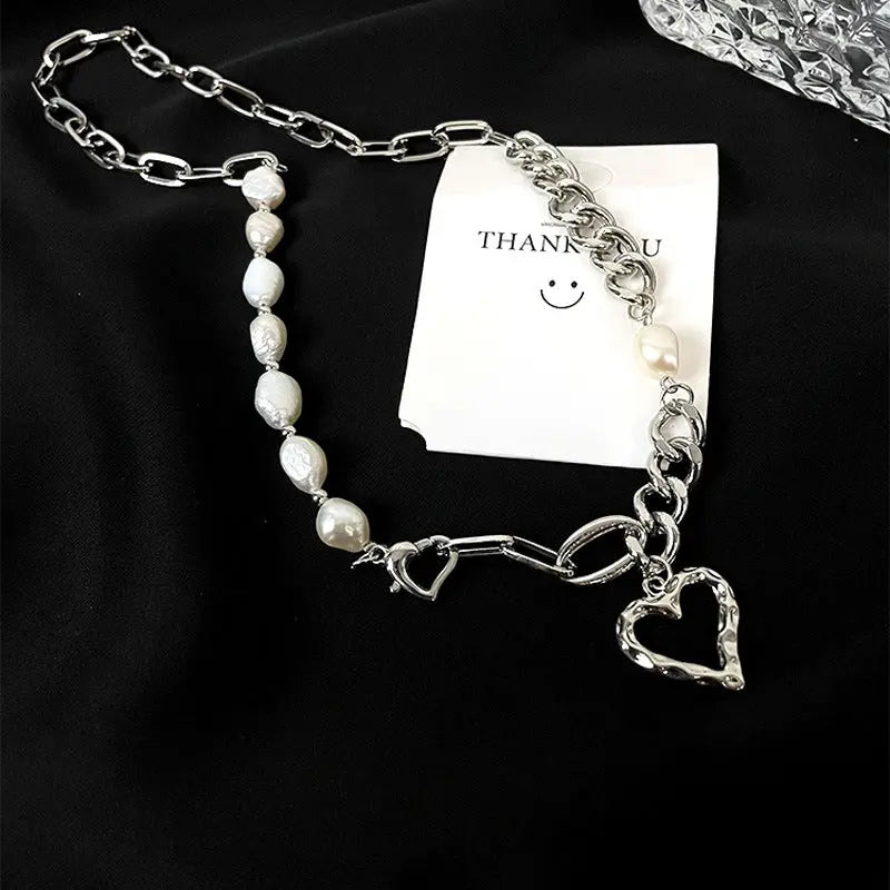 Lovcia Asymmetric Titanium Steel Heart Pendant Necklace for Women - Gold Plated Chain Necklace with Pearl Beads-Necklaces-Gold-Gold