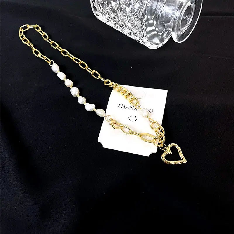 Lovcia Asymmetric Titanium Steel Heart Pendant Necklace for Women - Gold Plated Chain Necklace with Pearl Beads-Necklaces-Gold-Gold