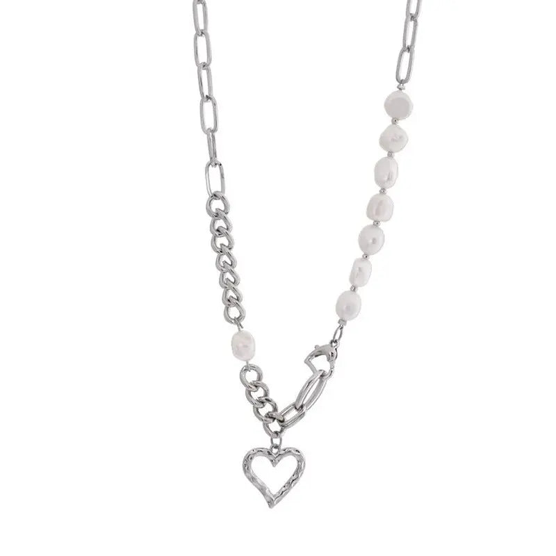 Lovcia Asymmetric Titanium Steel Heart Pendant Necklace for Women - Gold Plated Chain Necklace with Pearl Beads-Necklaces-Gold-Gold
