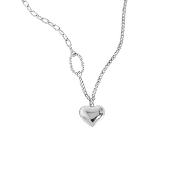 Lovcia Asymmetry Curb Chain Heart Necklace 51cm Silver-Necklaces-No Plating-No Plating