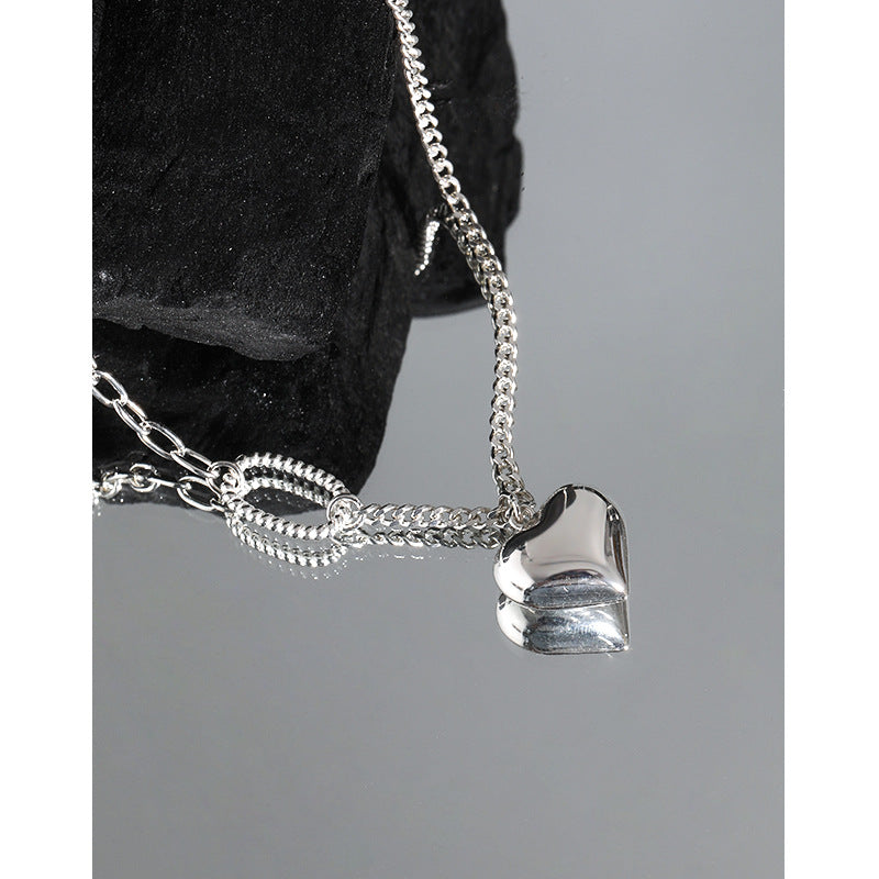 Lovcia Asymmetry Curb Chain Heart Necklace 51cm Silver-Necklaces-No Plating-No Plating