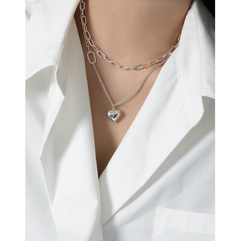 Lovcia Asymmetry Curb Chain Heart Necklace 51cm Silver-Necklaces-No Plating-No Plating