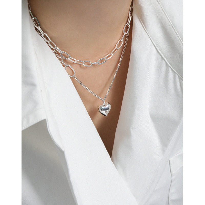 Lovcia Asymmetry Curb Chain Heart Necklace 51cm Silver-Necklaces-No Plating-No Plating