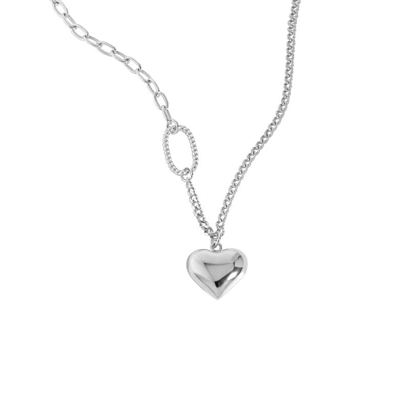 Lovcia Asymmetry Curb Chain Heart Necklace 51cm Silver-Necklaces-No Plating-No Plating