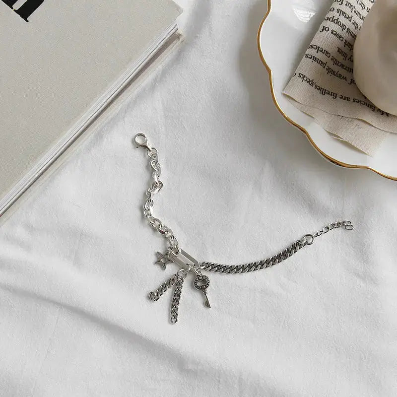 Lovcia Asymmetry Curb Chain Hollow Star Key Tassels 925 Sterling Silver Bracelet-Bracelets-Vintage-Vintage