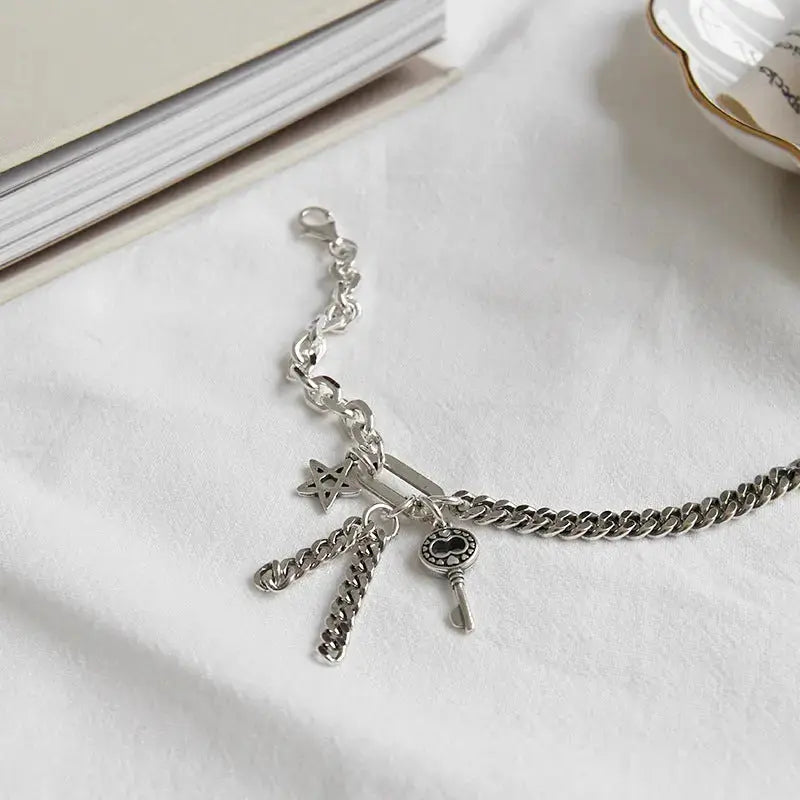 Lovcia Asymmetry Curb Chain Hollow Star Key Tassels 925 Sterling Silver Bracelet-Bracelets-Vintage-Vintage