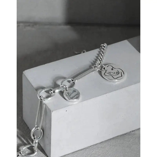 Lovcia Asymmetry Curb Paperclip Chain Portrait Vintage 925 Sterling Silver Bracelet-Bracelets-Vintage-Vintage