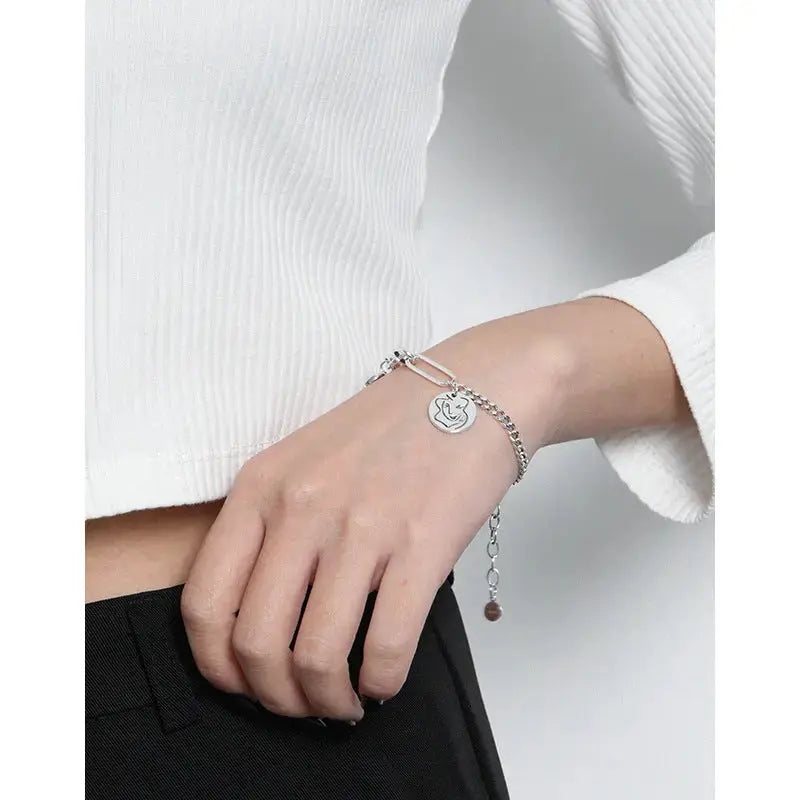 Lovcia Asymmetry Curb Paperclip Chain Portrait Vintage 925 Sterling Silver Bracelet-Bracelets-Vintage-Vintage