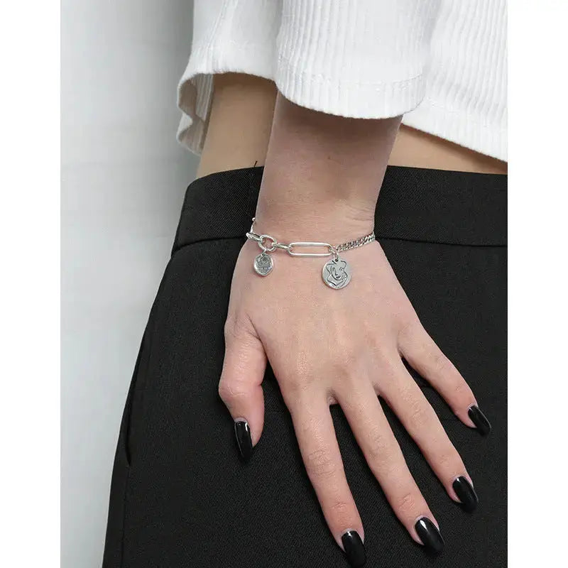 Lovcia Asymmetry Curb Paperclip Chain Portrait Vintage 925 Sterling Silver Bracelet-Bracelets-Vintage-Vintage