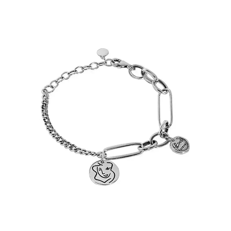 Lovcia Asymmetry Curb Paperclip Chain Portrait Vintage 925 Sterling Silver Bracelet-Bracelets-Vintage-Vintage
