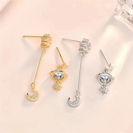 Lovcia Asymmetry CZ Planet Crescent Moon Star 925 Sterling Silver Dangling Earrings-Earrings-Silver-Silver
