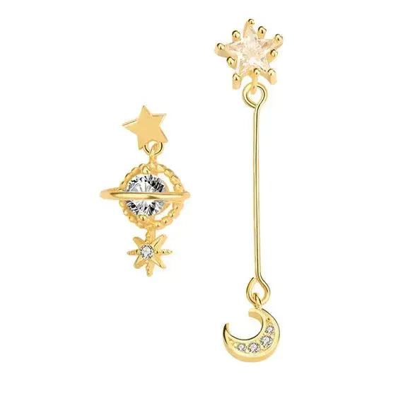 Lovcia Asymmetry CZ Planet Crescent Moon Star 925 Sterling Silver Dangling Earrings-Earrings-Silver-Silver