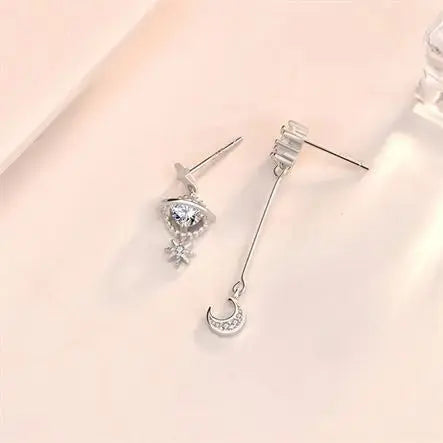 Lovcia Asymmetry CZ Planet Crescent Moon Star 925 Sterling Silver Dangling Earrings-Earrings-Silver-Silver