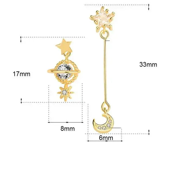 Lovcia Asymmetry CZ Planet Crescent Moon Star 925 Sterling Silver Dangling Earrings-Earrings-Silver-Silver