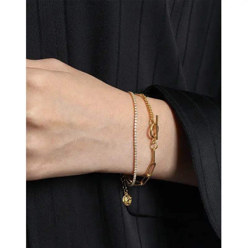 Lovcia Asymmetry Double Layer Hollow Chain CZ OT 925 Sterling Silver Bracelet-Bracelets-Rhodium-Rhodium