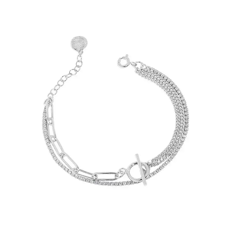 Lovcia Asymmetry Double Layer Hollow Chain CZ OT 925 Sterling Silver Bracelet-Bracelets-Rhodium-Rhodium