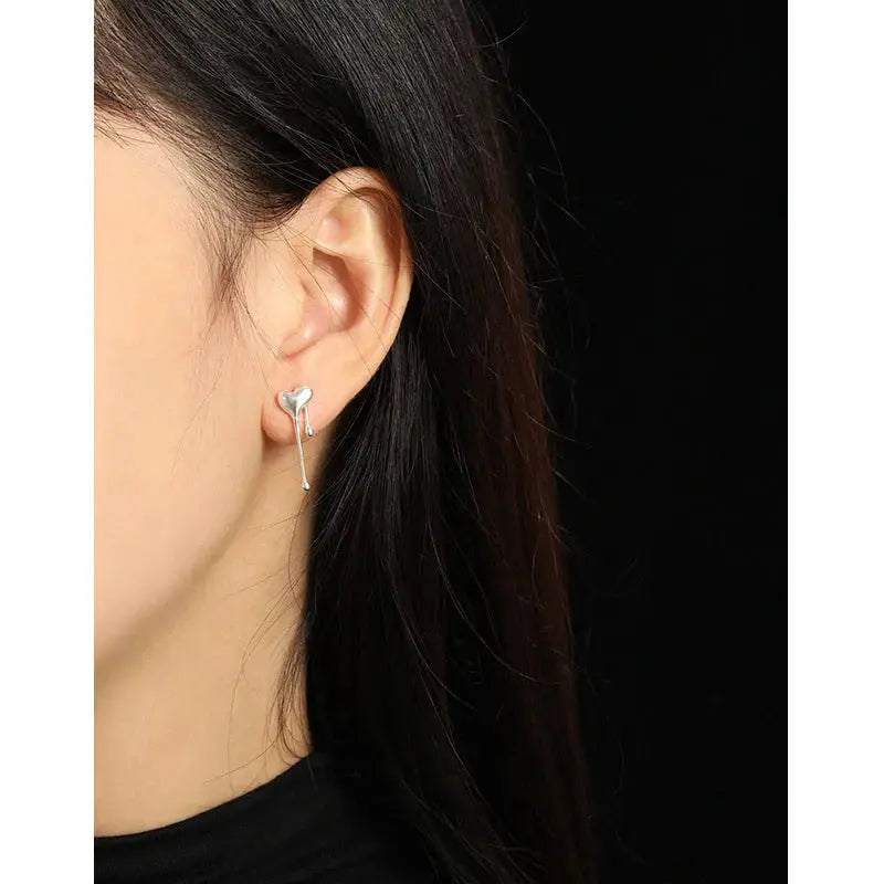 Lovcia Asymmetry Heart Dropping 925 Sterling Silver Dangling Earrings-Earrings-Rhodium-Rhodium