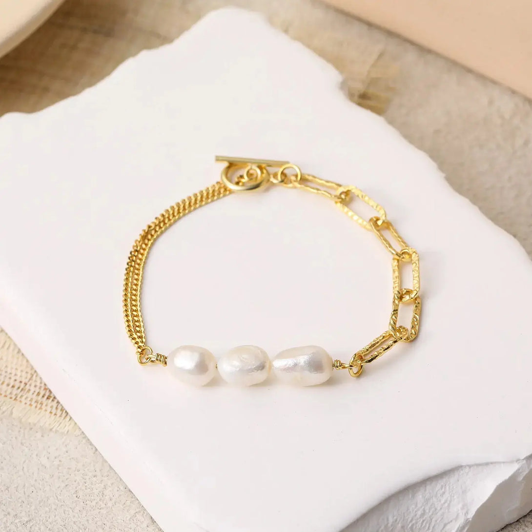 Lovcia Asymmetry Hollow Chain Baroque Natural Pearl 925 Sterling Silver Bracelet-Bracelets-Rhodium-Rhodium