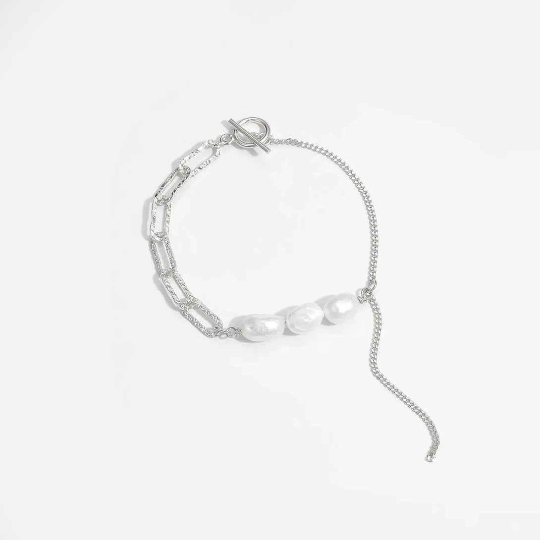 Lovcia Asymmetry Hollow Chain Baroque Natural Pearl 925 Sterling Silver Bracelet-Bracelets-Rhodium-Rhodium
