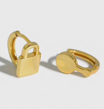 Lovcia Asymmetry Lock Key Hoop Earrings 10mm Gold Tone-Earrings-Yellow Gold-