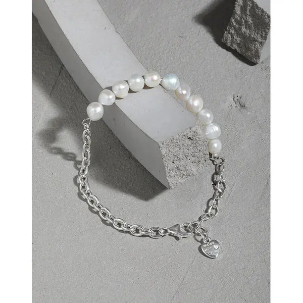 Lovcia Asymmetry Natural Pearls Curb Chain 925 Sterling Silver Bracelet-Bracelets-Silver-Silver