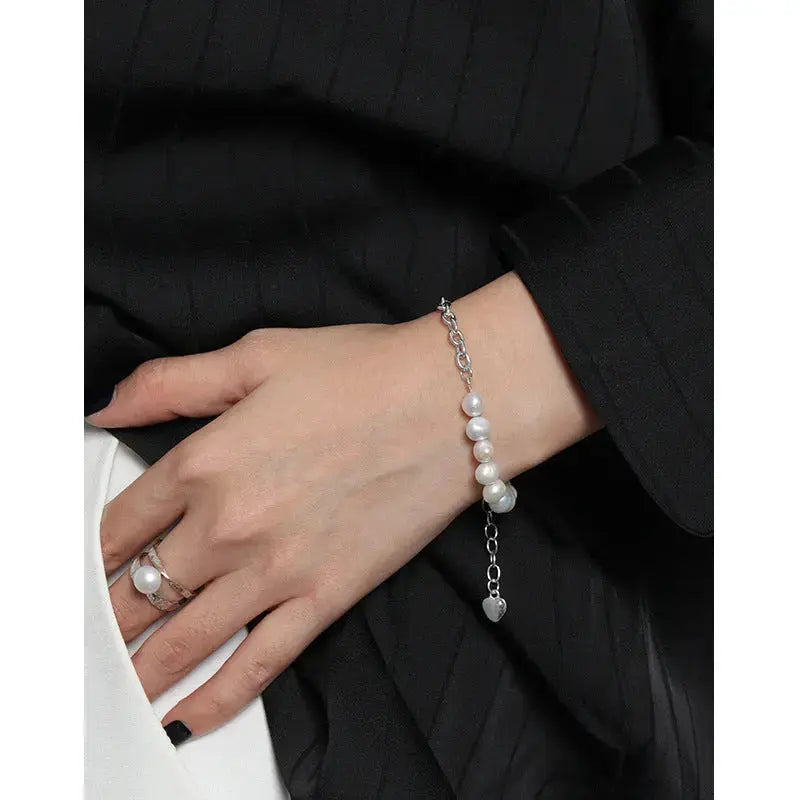 Lovcia Asymmetry Natural Pearls Curb Chain 925 Sterling Silver Bracelet-Bracelets-Silver-Silver