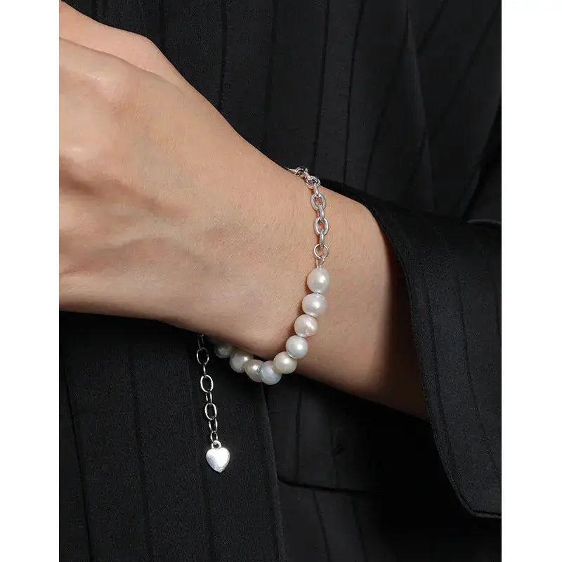 Lovcia Asymmetry Natural Pearls Curb Chain 925 Sterling Silver Bracelet-Bracelets-Silver-Silver
