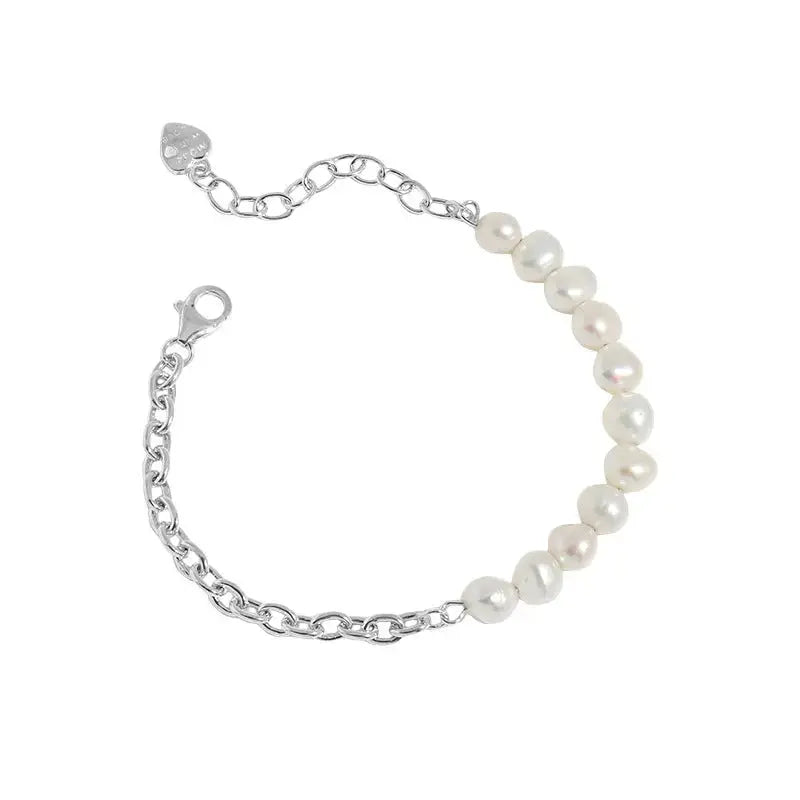 Lovcia Asymmetry Natural Pearls Curb Chain 925 Sterling Silver Bracelet-Bracelets-Silver-Silver