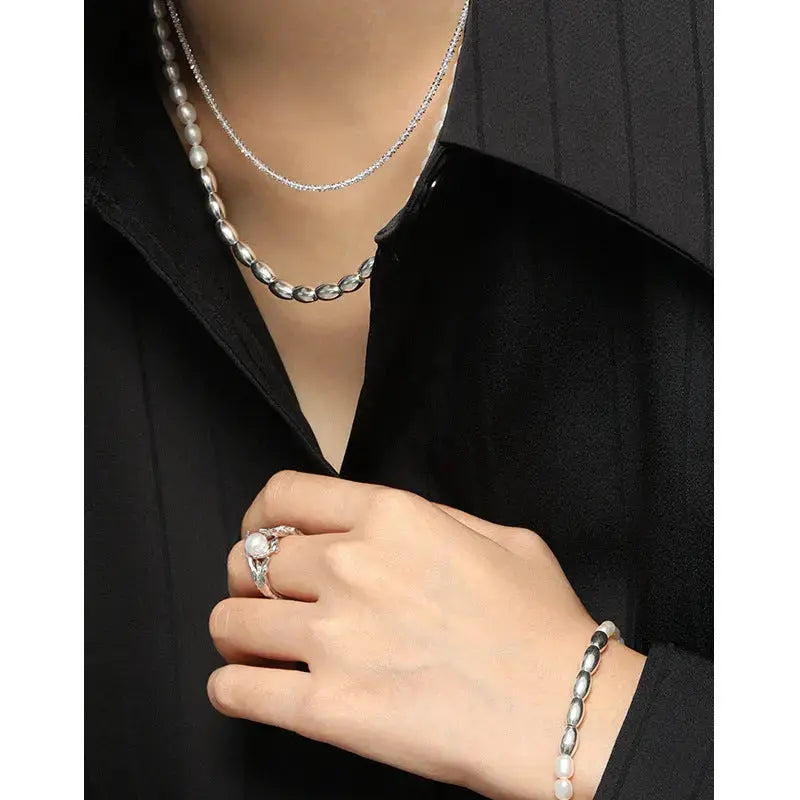 Lovcia Asymmetry Oval Natural Pearl Waterdrop 925 Sterling Silver Necklace-Necklaces-Rhodium-Rhodium