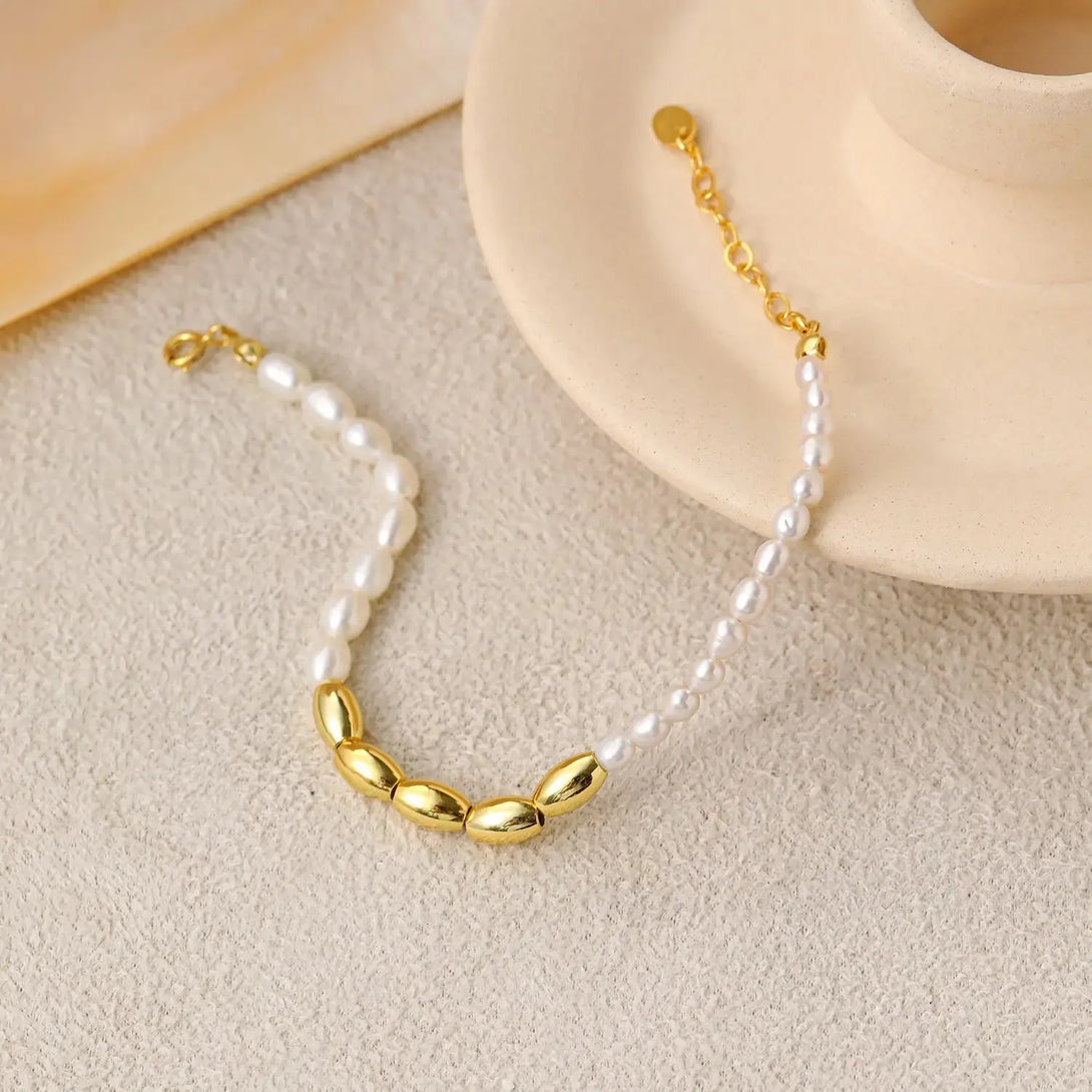 Lovcia Asymmetry Oval Natural Pearls Beads 925 Sterling Silver Bracelet-Bracelets-Rhodium-Rhodium