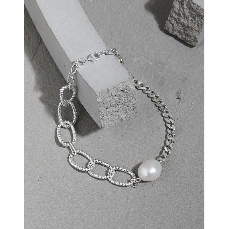 Lovcia Asymmetry Pearl Chain Bracelet 925 Silver 10.5mm-Bracelets-Rhodium-Rhodium