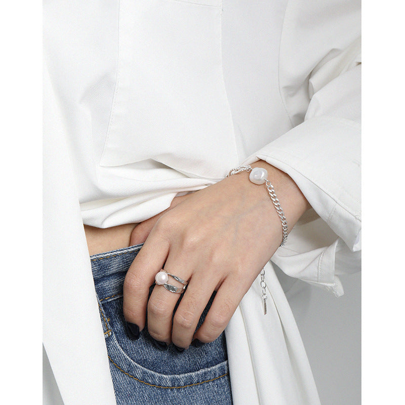 Lovcia Asymmetry Pearl Chain Bracelet 925 Silver 10.5mm-Bracelets-Rhodium-Rhodium