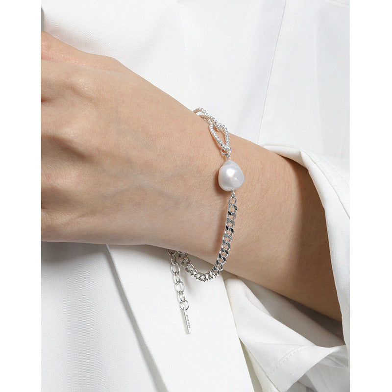Lovcia Asymmetry Pearl Chain Bracelet 925 Silver 10.5mm-Bracelets-Rhodium-Rhodium