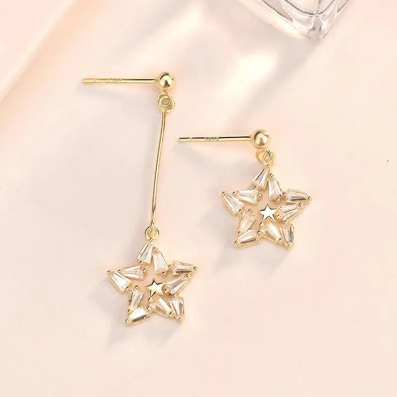 Lovcia Asymmetry Shining CZ Star 925 Sterling Silver Dangling Earrings-Earrings-14K Yellow Gold-14K Yellow Gold